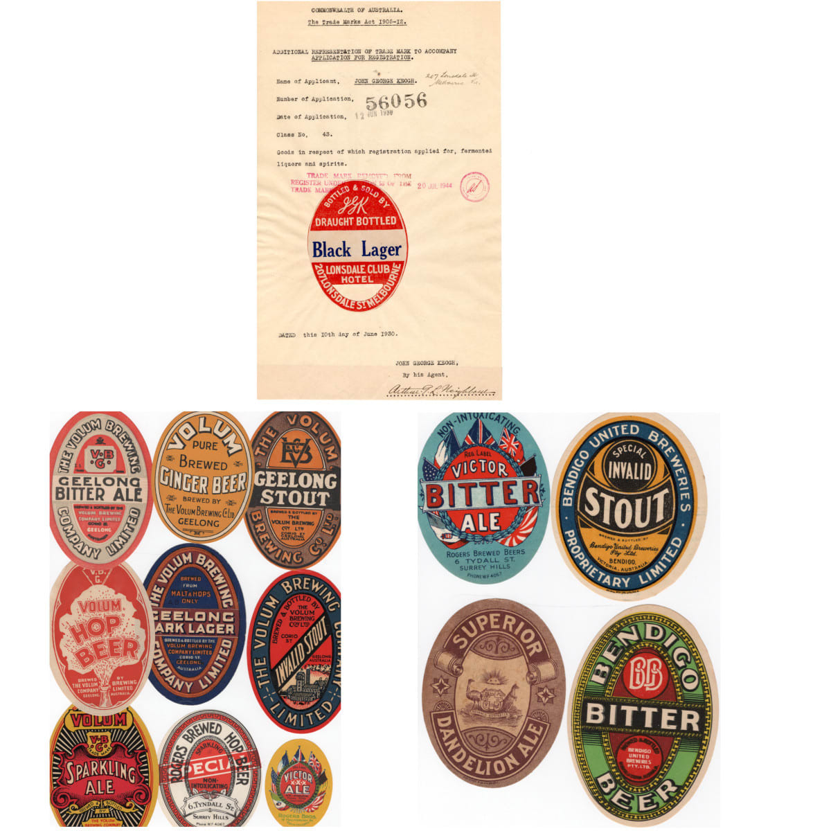 14 Beer Labels: 7 x Volum Brewing Co Geelong; 2 x Bendigo United Breweries; 3 x Rogers Bros, Hawthorn; Generic Dandelion Ale; Trade Mark for Lonsdale Club Hotel. (Victoria)