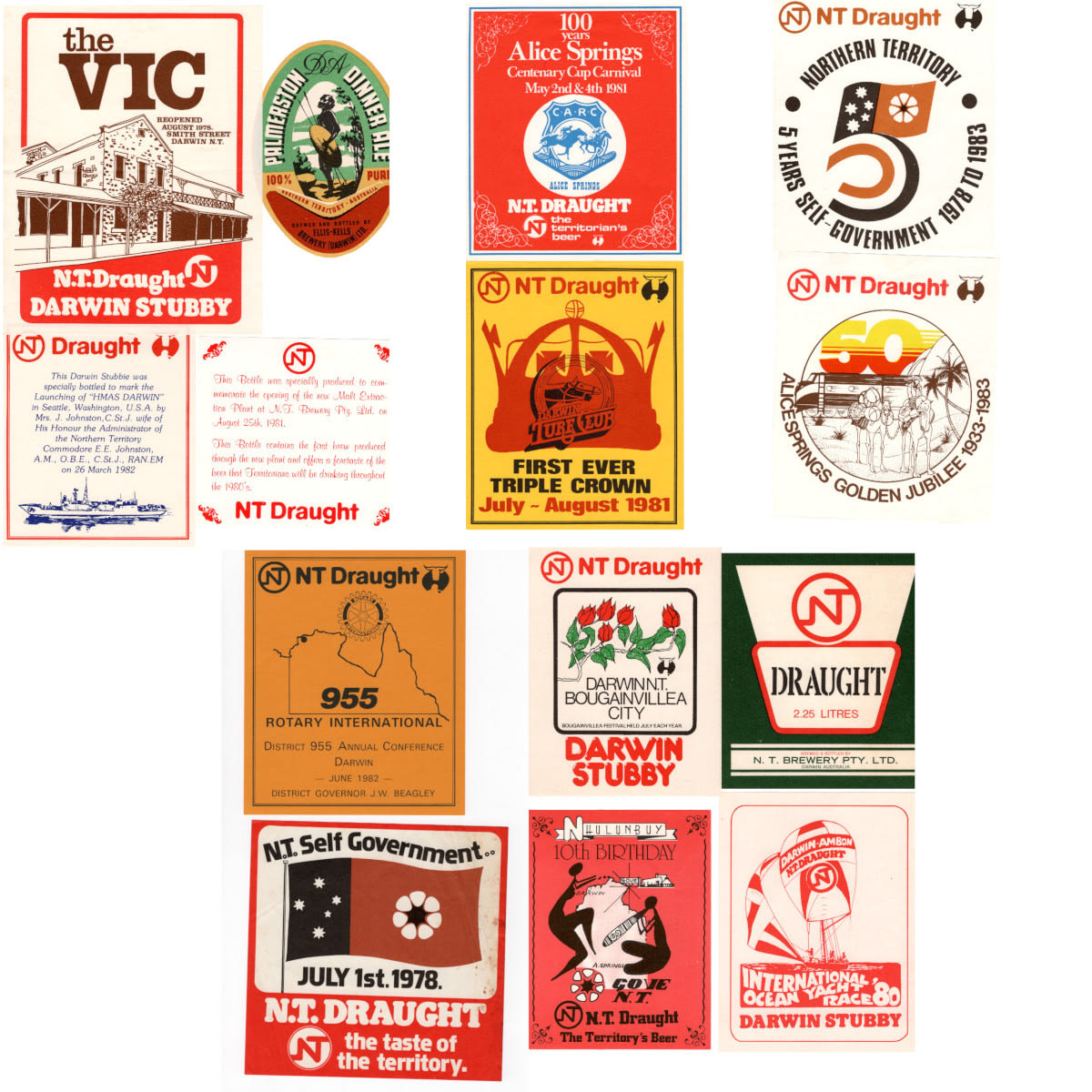 14 NT Beer Labels: 13 different commemorative and regular labels for a Darwin Stubby and one Palmerston Dinner Ale, Ellis-Kells Brewery. (Northern Territory)