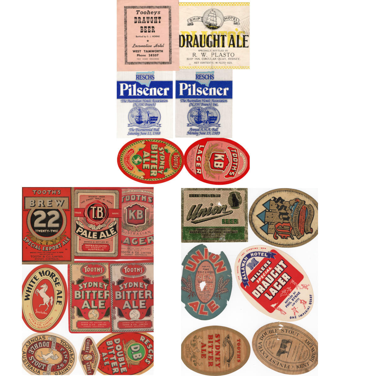21 Beer Labels: Tooth & Co; Resch's; Brookvale Brewing; Hotel types. (New South Wales)