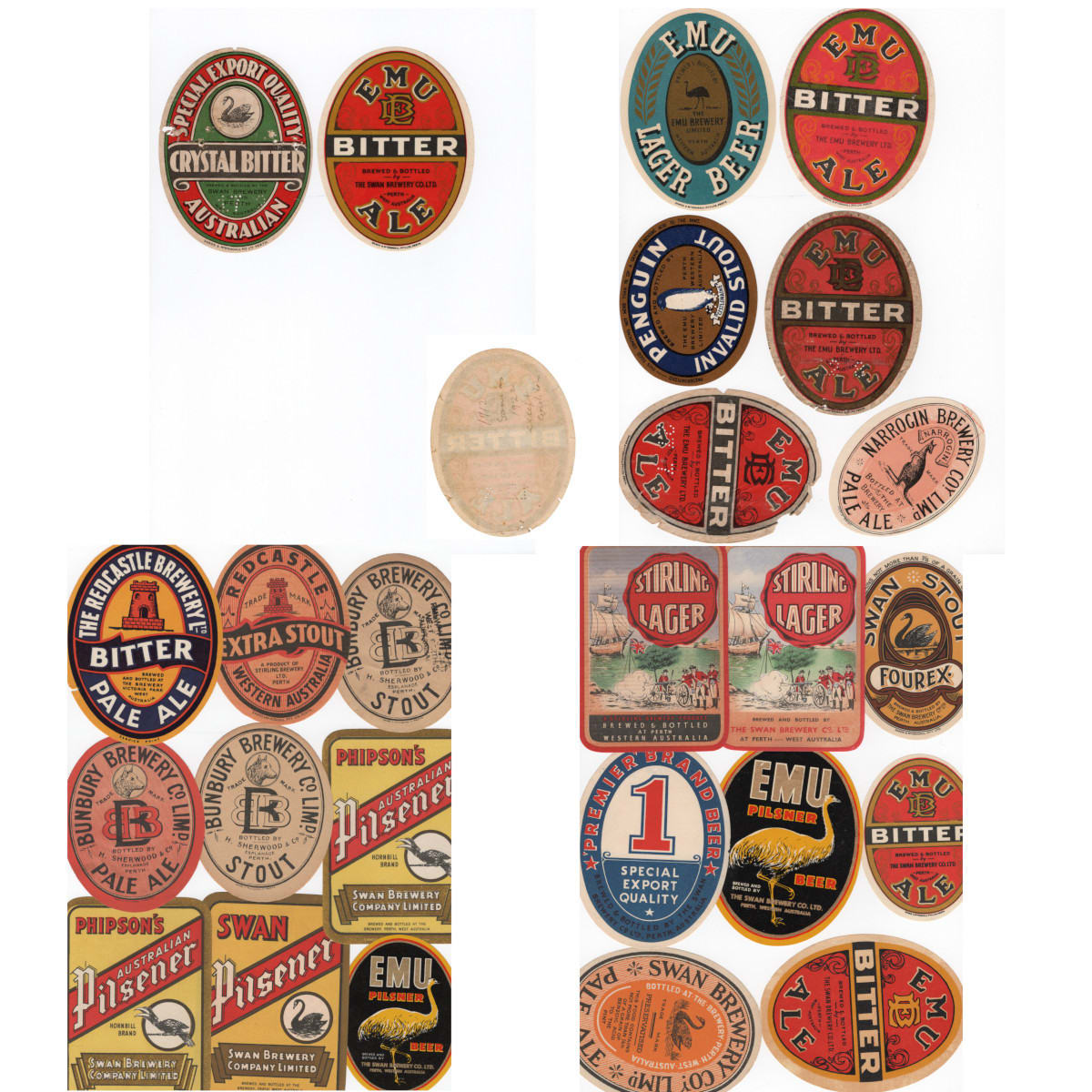 25 WA Beer Labels: Emu Brewery; Swan Brewery; Bunbury Brewery, Sherwood, Perth; Narrogin Brewery; Redcastle Brewery. (Western Australia)