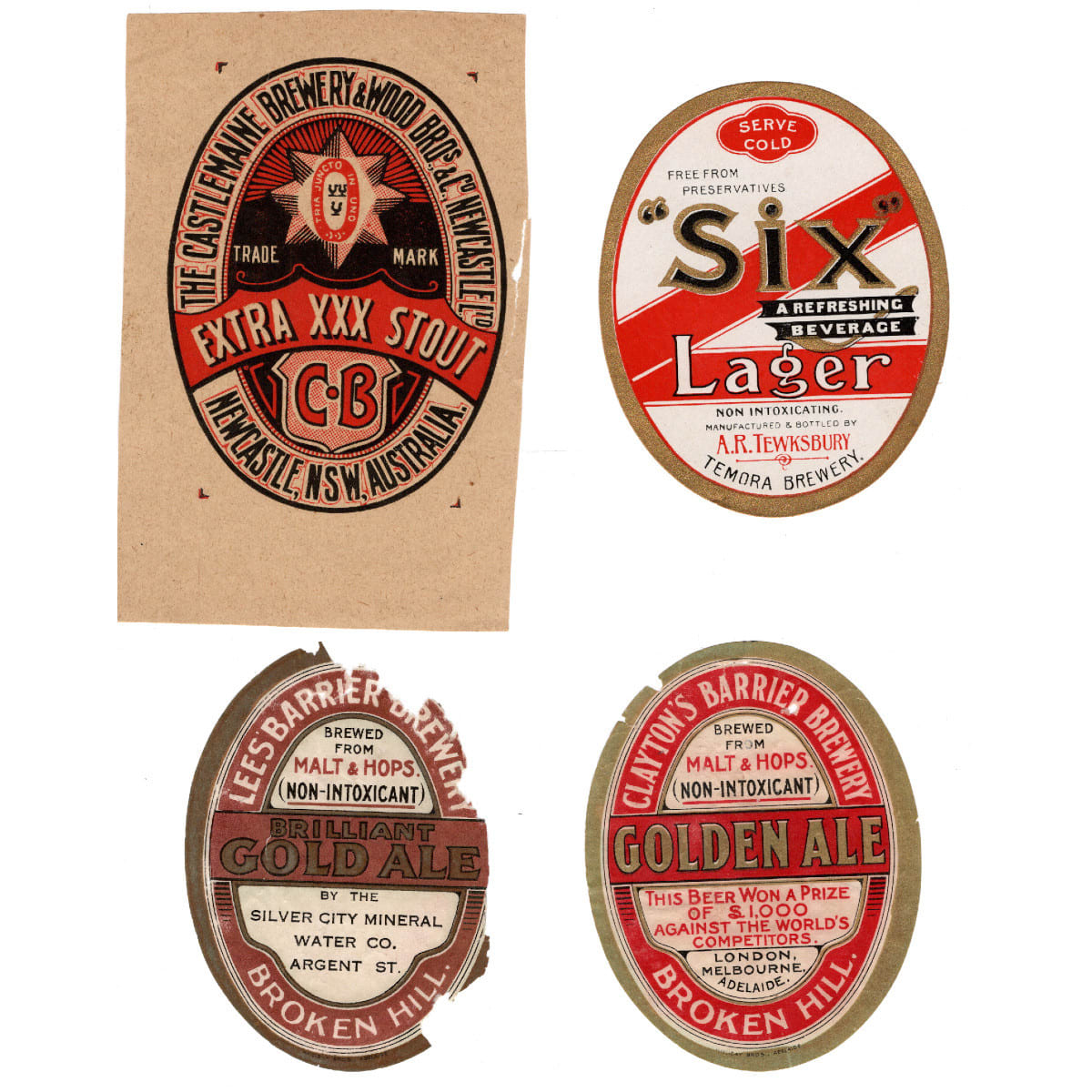 4 Beer Labels: 2 diff Barrier Brewery, Broken Hill; Castlemaine & Wood Bros, Newcastle; Tewksbury, Temora Brewery. (New South Wales)