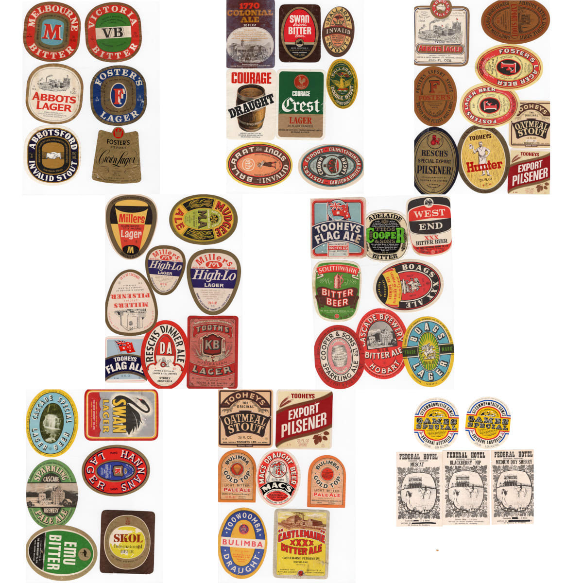 50 odd Australian Beer Labels: Pretty much from all states and large breweries plus 3 Federal Hotel Bundaberg labels.