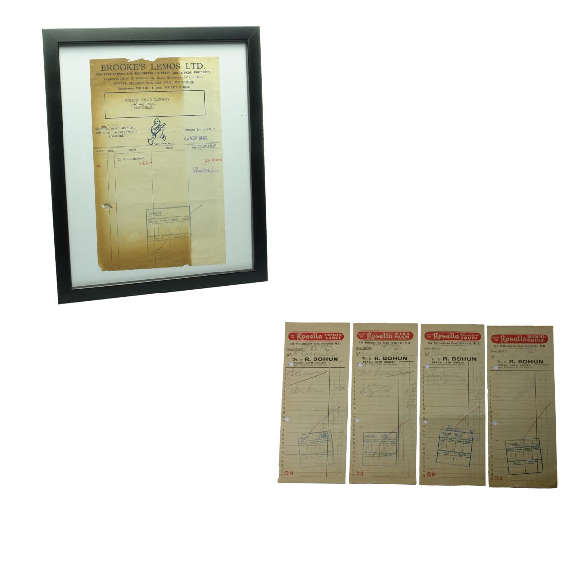 5 pieces of Ephemera. Brooke's Lemos framed Invoice, 1947. Four Different Dockets for R. Bohun, Footscray advertising Rosella Products. (Victoria)