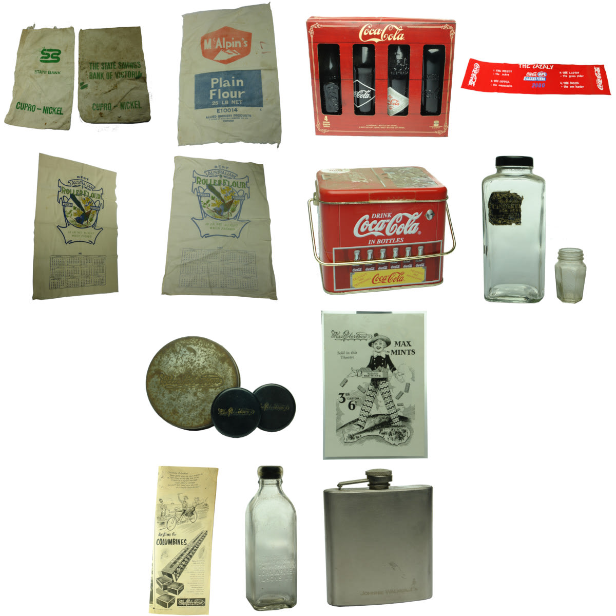 Large group of advertising and promotional items: Flour; Coca Cola; MacRobertsons; Johnnie Walker.