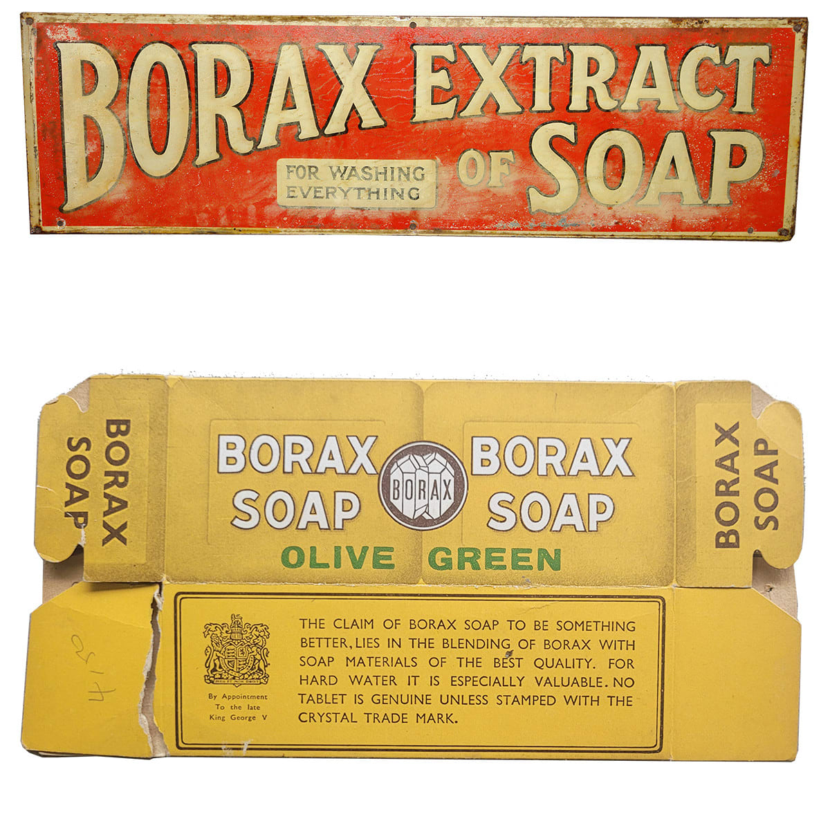 Tin Sign & Cardboard box. Both for Borax Soap.