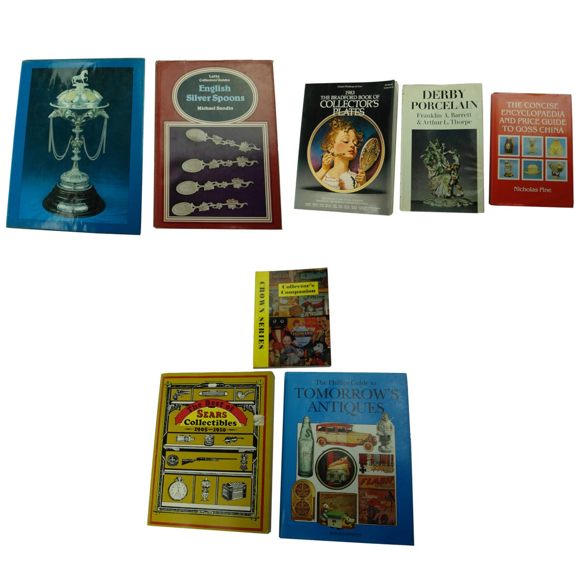 6 Collectors Books: Australian Silver; English Spoons; Collectors Plates; Derby Porcelain; Goss China; Collectors Companion; Sears Collectibles; Phillips Guide.