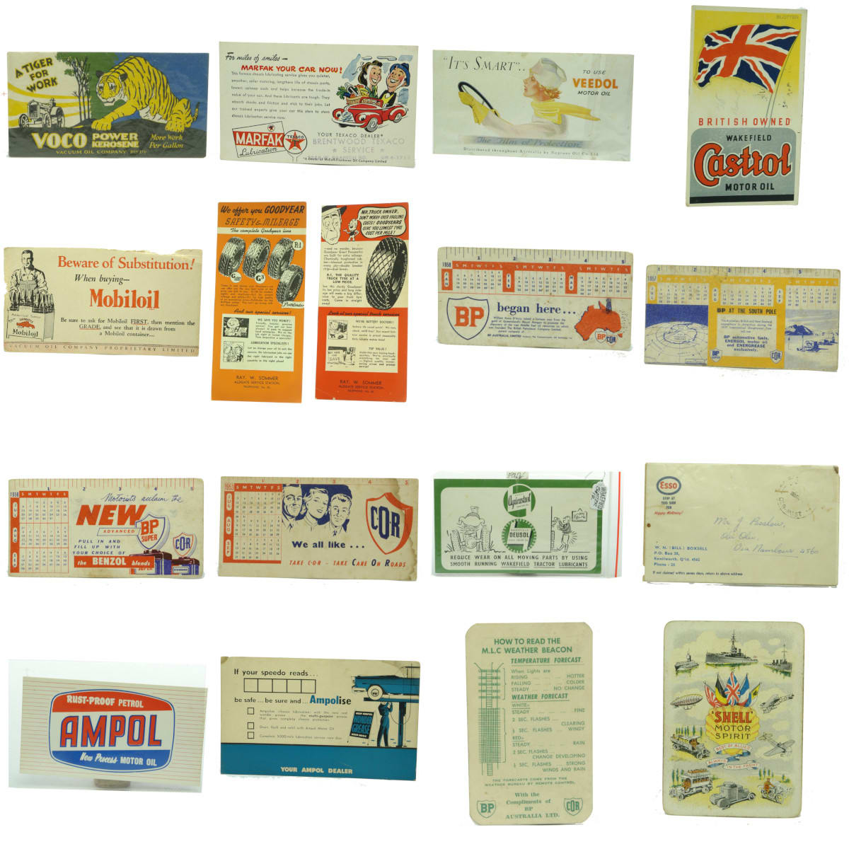 18 Petrol and Oil advertising items. Blotters, Reminders, Envelopes. Castrol. BP COR, Veedol. Mobil. Goodyear.