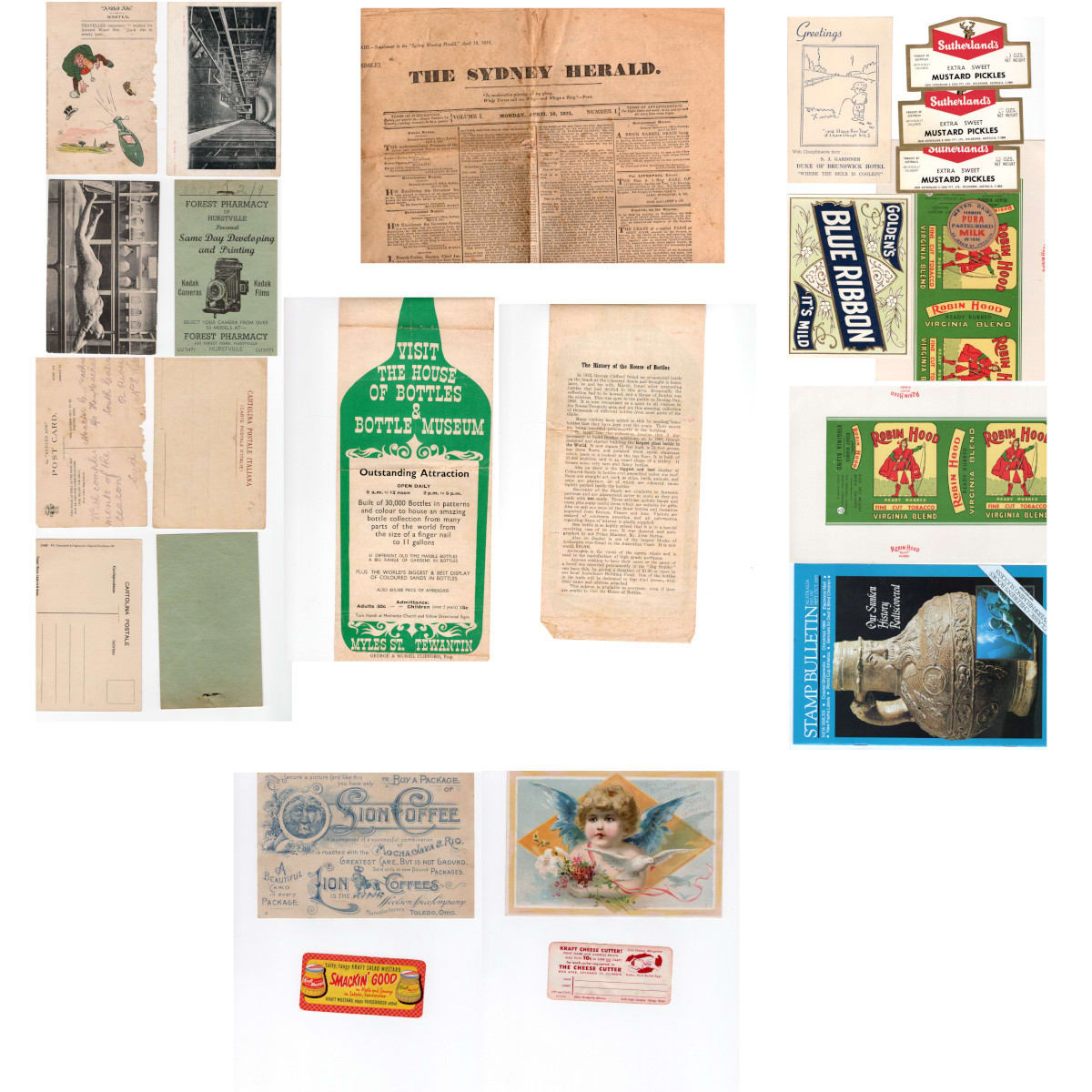 Group of Ephemera: Postcards; Labels; Pamphlets; 1931 reprint of first Sydney Herald; Tobacco Labels.