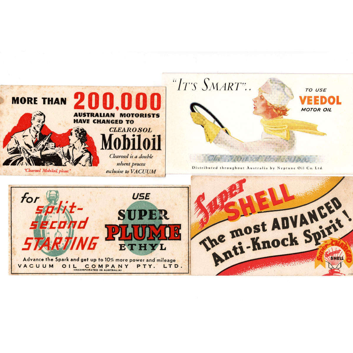 Four Oil Company Advertising Blotters: Vacuum (Mobiloil & Plume), Neptune & Shell.