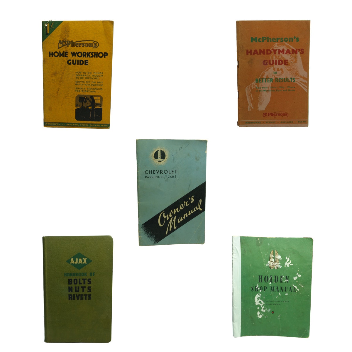 Five Car and Workshop Manuals and Guides. Holden, GMH, Chevrolet & McPherson's.