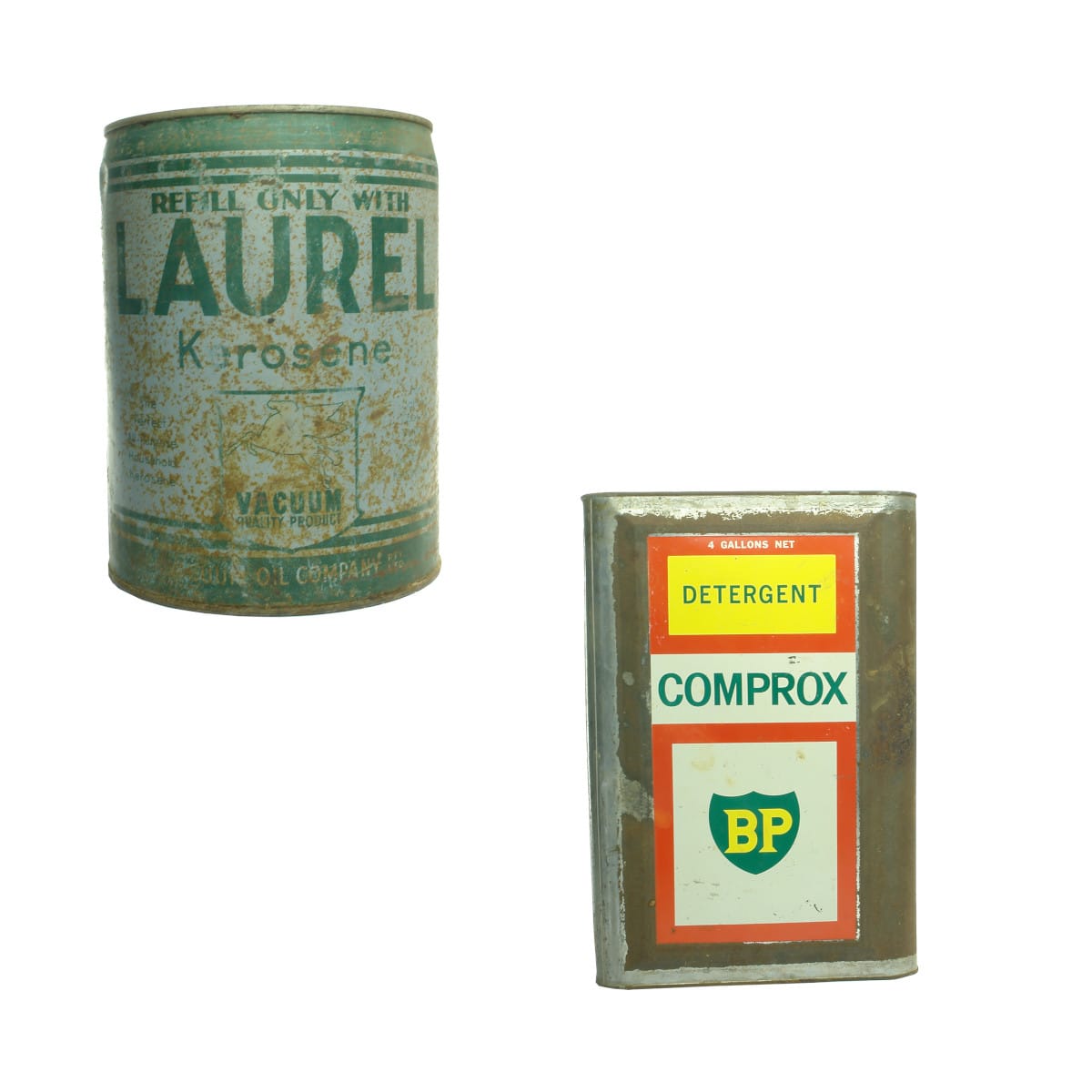 2 x 4 Gallon Tins: Vacuum Oil Company Laurel Kerosene and BP Comprox Detergent. (PICKUP ONLY)