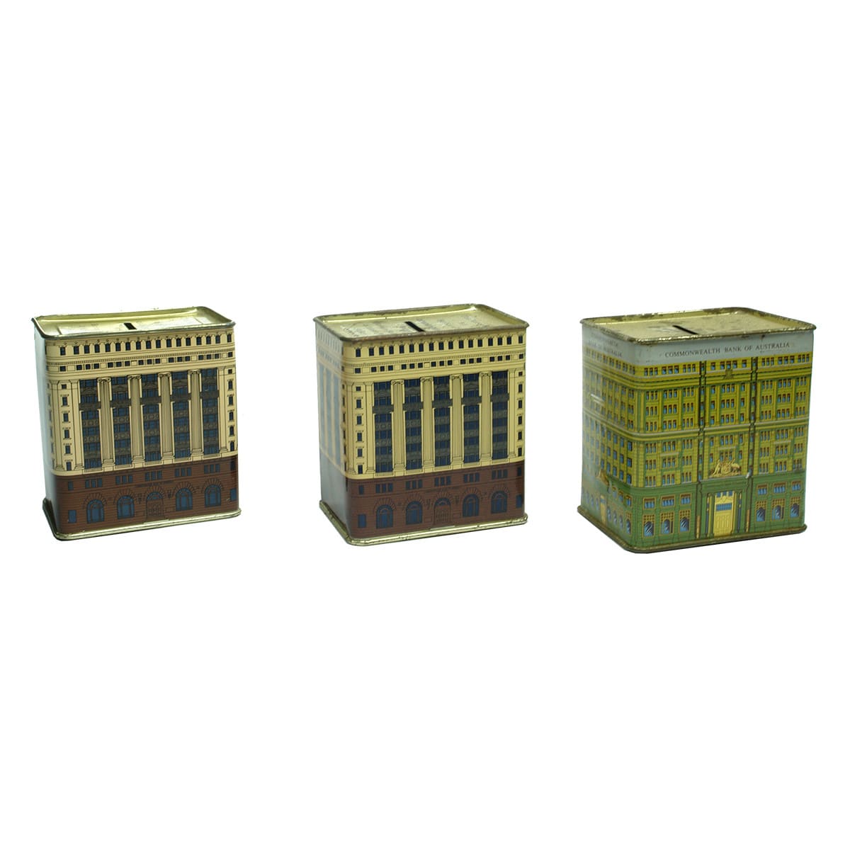 Three Commonwealth Bank tin Money Boxes.