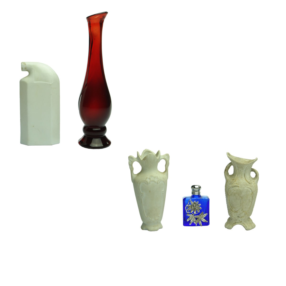 Five Items: Ruby glass Avon Perfume; Odol Mouth Wash; 2 x Edwardian mini bisque vases; Tiny cobalt Perfume with stuck on silver metal decoration.