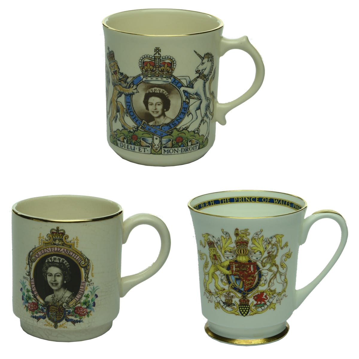 3 Pieces Coronation Ware. 2 x Queen Elizabeth Silver Jubilee, 1977. 1 x Prince of Wales 1969.