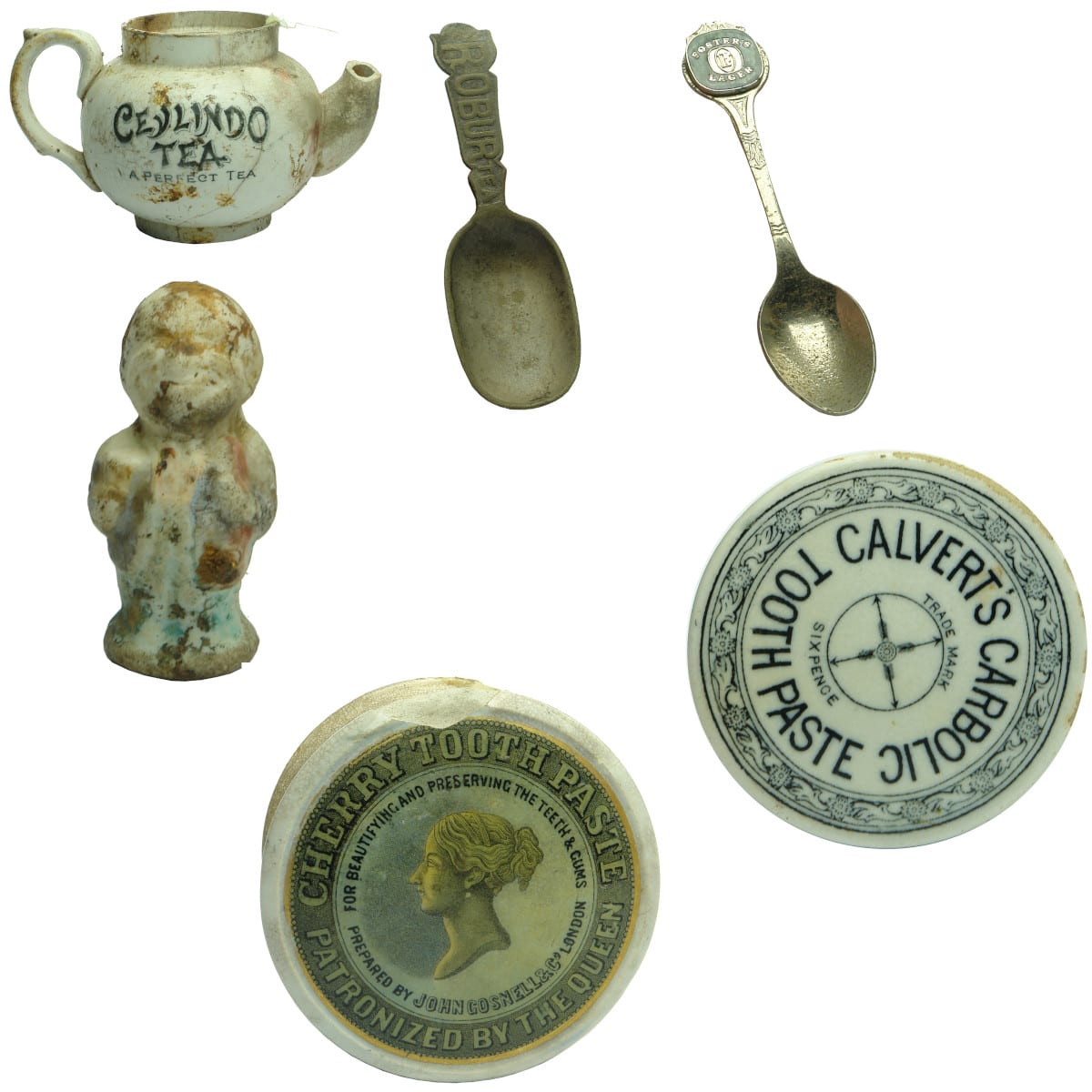 6 Mixed Items: Teapot. Ceylindo Tea. Spoons: Robur Tea & Fosters Lager; Calverts and Queens Head Pot Lids; Jolly Man Doll.
