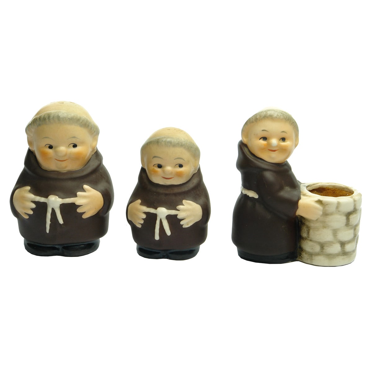 Pottery. Goebel, West Germany Salt and Pepper Shaker and Toothpick Holder modelled on Friar Tuck. (Germany)