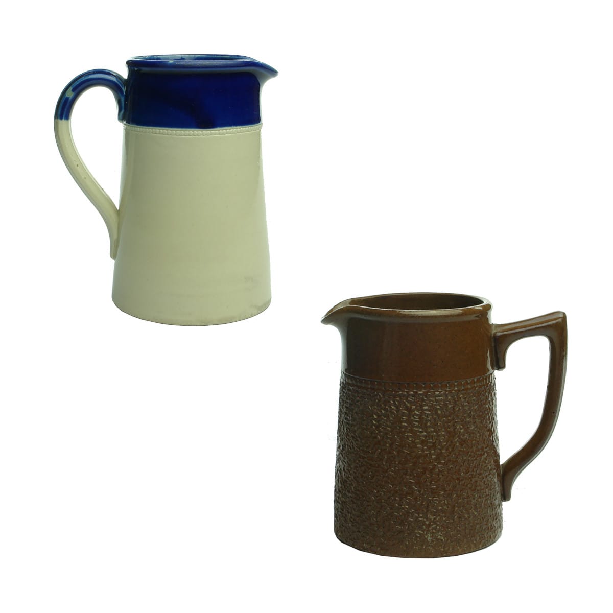 Pair of Milk Jugs. Larger with blue top and small Sadler Langley Ware.