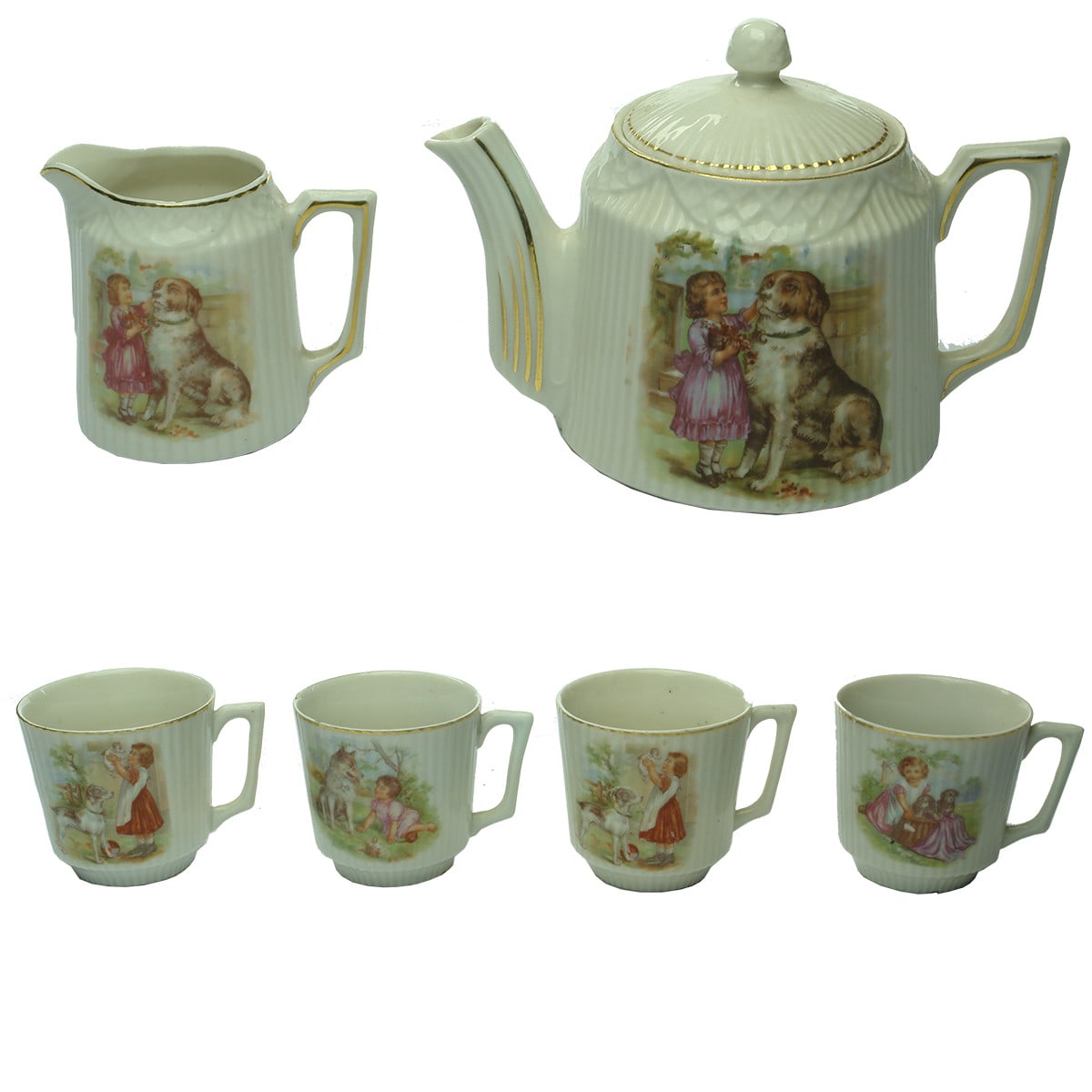 China. Little Teapot, Cream Jug and Four Small Teacups, all with children and dogs.