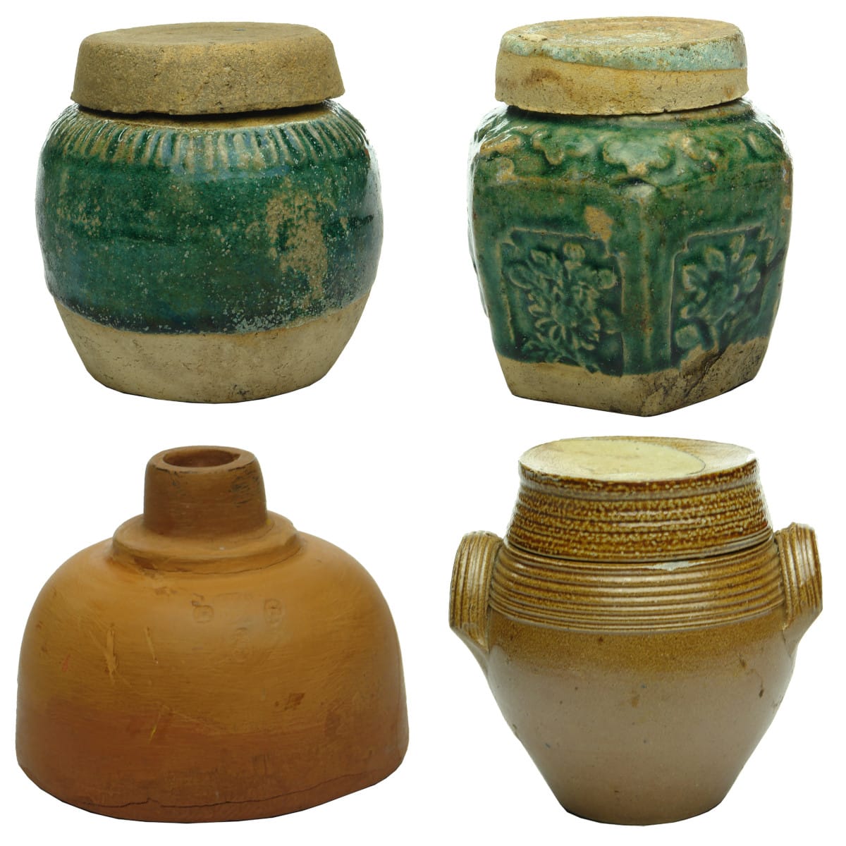Four Ceramic Items: Two small Green glazed Chinese Ginger Jars. Round & Hexagonal. Terracotta Opium Bowl. Characters in the shoulder. Salt Glaze ceramic Mustard pot. 2 stamped in lid.