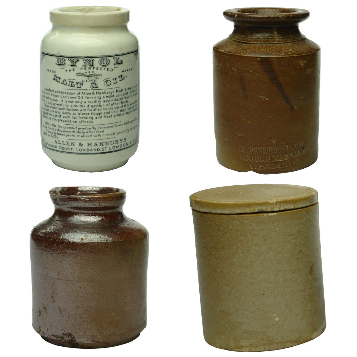 Four Ceramic Jars: Bynol; Wotherspoon's Marmalade; Red Salt Glazed; Salt Glazed.