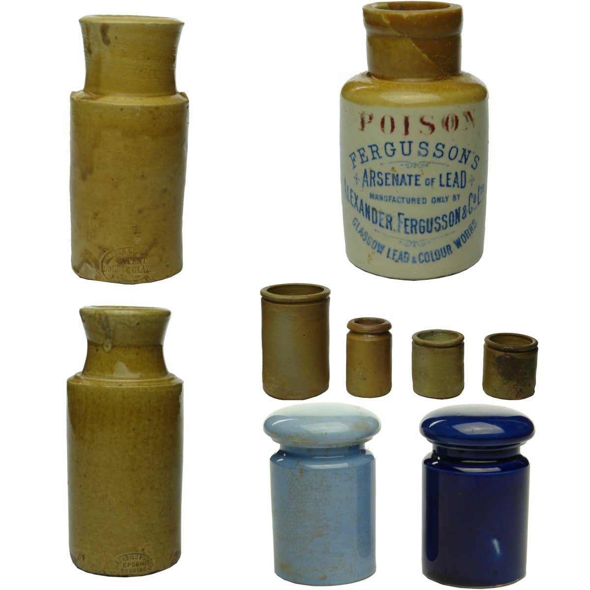 9 stoneware/pottery items: 2 x impressed Stove Blacks; Fergussons Arsenate of Lead; 2 small lidded Chemist jars; 4 salt glazed ointments.