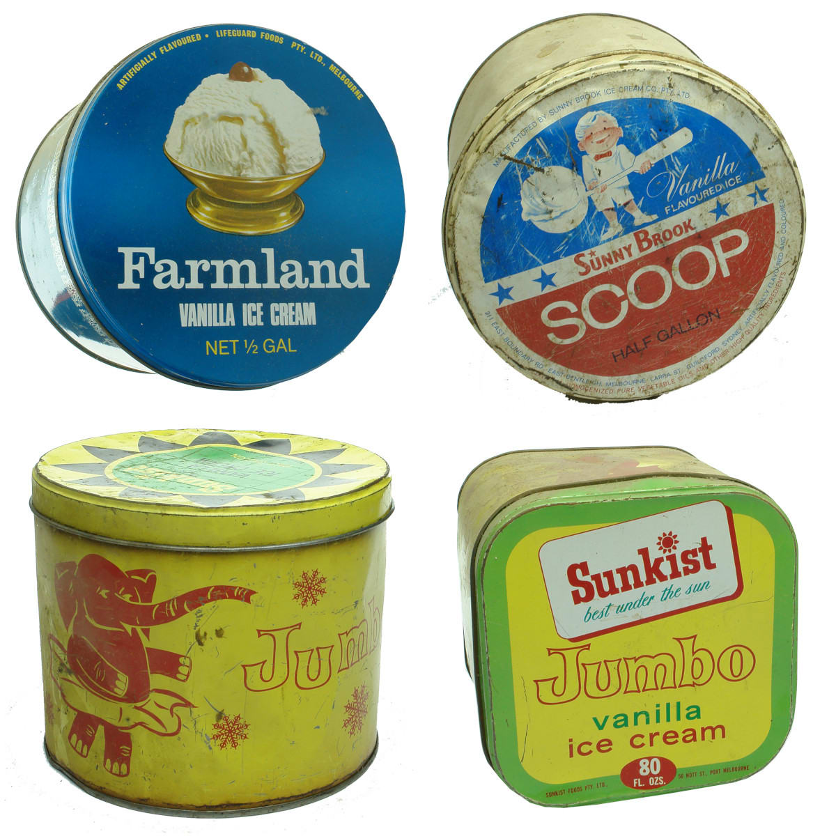 4 Ice Cream tins: Farmland; Sunny Brook; 2 x different Sunkist Jumbo.