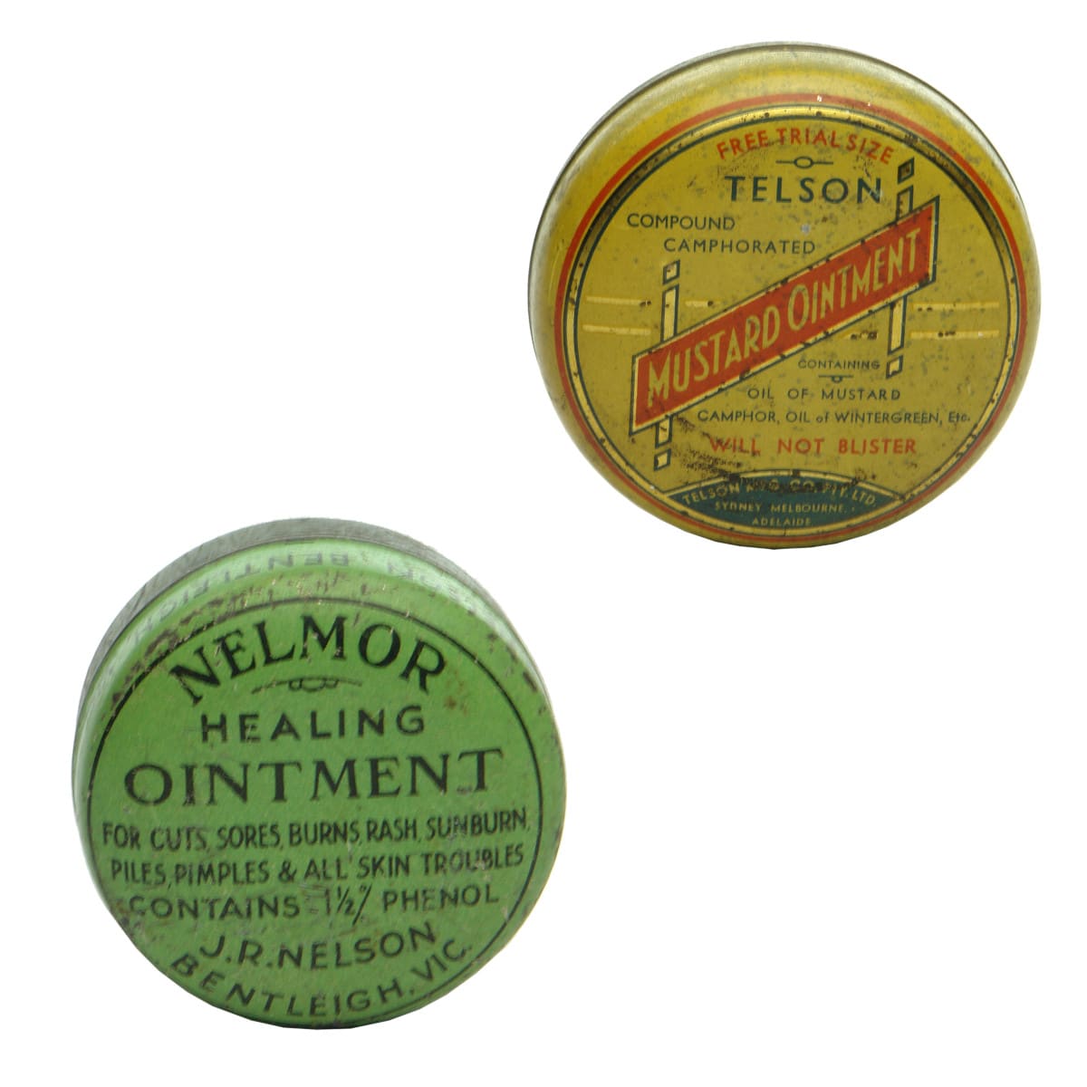 Pair of Ointment Tins: Telson Mustard Ointment & Nelmor Healing Ointment.