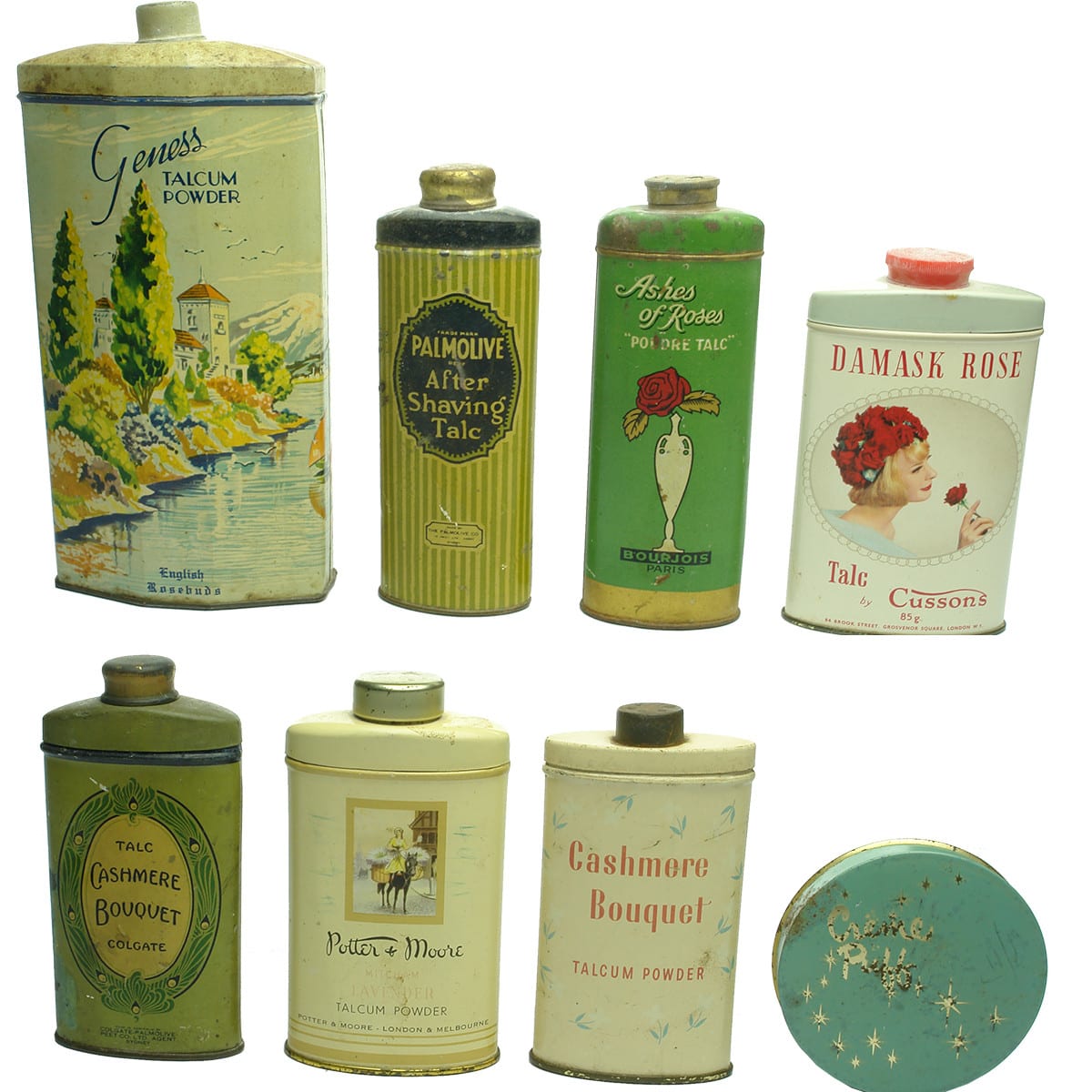 Eight Tins: Talcum Powder and Cosmetics. Geness, Cussons, Bourjois, Potter & Moore; Palmolive; Colgate; Max Factor.