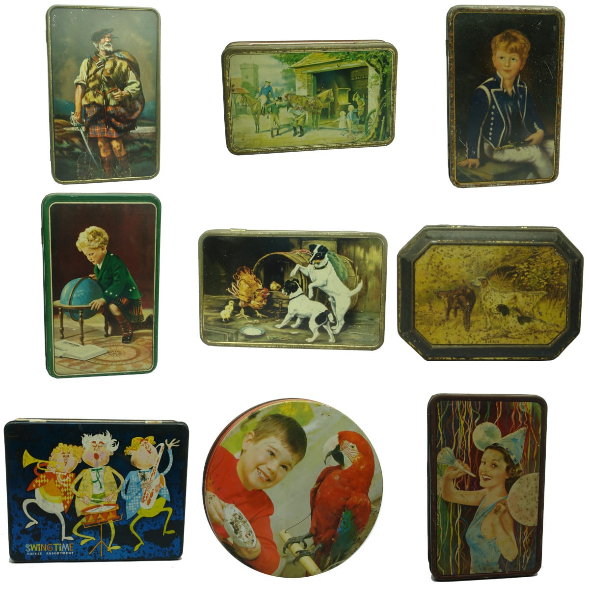 9 MacRobertsons tins. Various multi-coloured scenes.