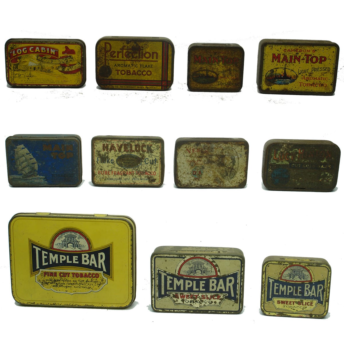 11 Tobacco Tins: 3 x Main Top; Perfection; Log Cabin; Havelock; Lucy Hinton's; Venus; 3 x Temple Bar.
