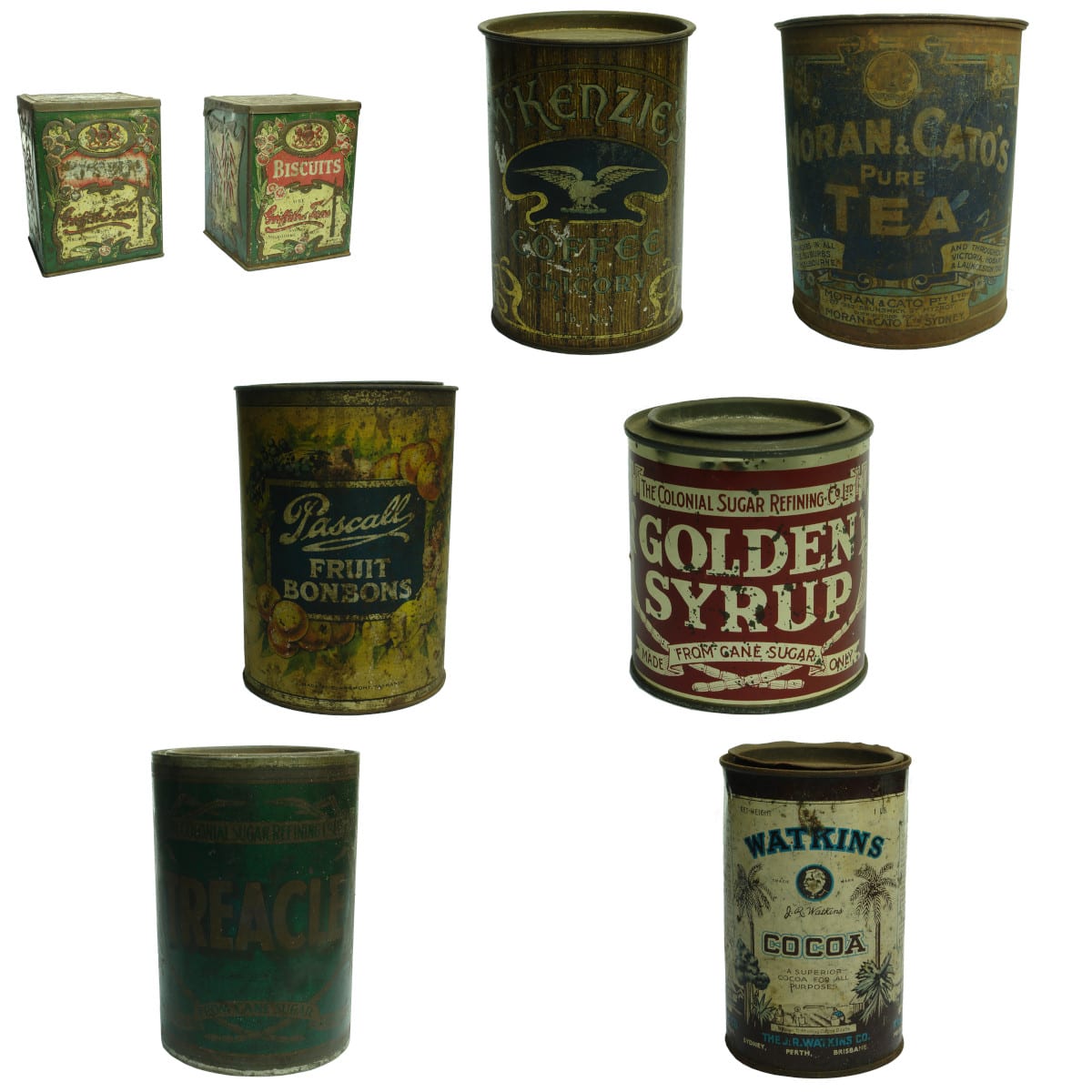 8 Tins: 2 x Griffiths; McKenzies; Moran & Cato's; Pascall; Colonial Sugar Refining Co x 2; Watkins.