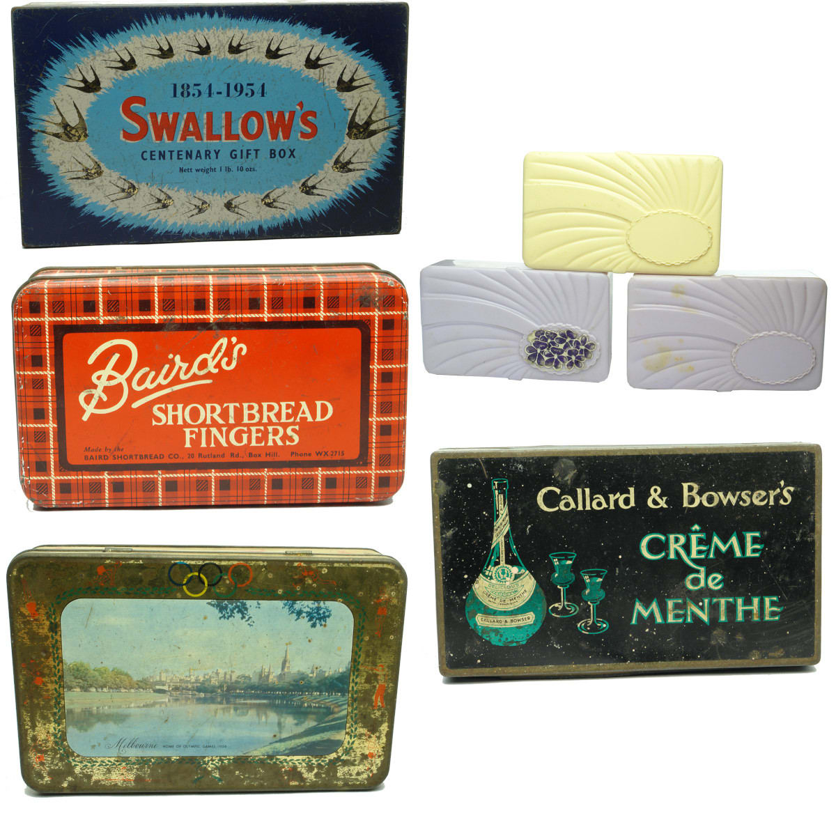 7 Items. 4 Tins & 3 Plastic Chocolate Boxes. Swallow & Ariell 1854-1954; Baird's Box Hill; 3 x Plastic Hoadleys; Griffiths 1956 Olympics; Callard & Bowser's.
