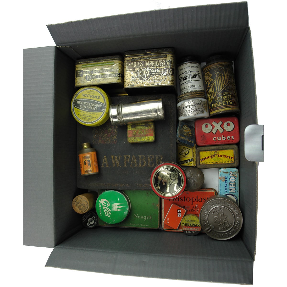 26 Tins/Containers. Interesting products. Faber tin has a great picture to inner lid. Useful group.