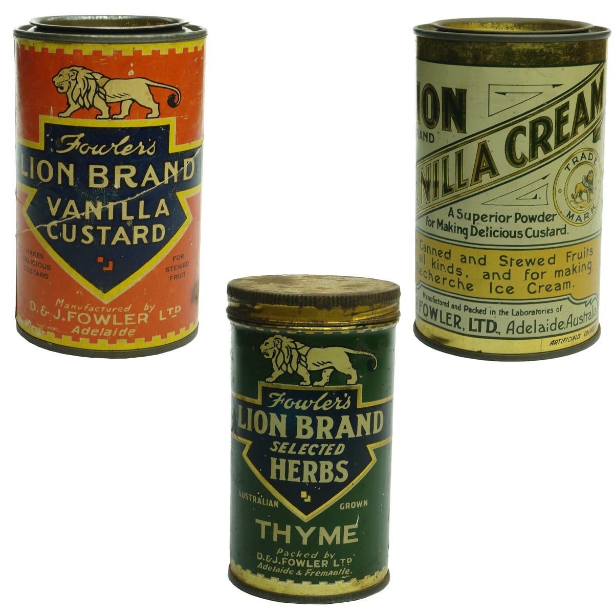 3 Tins. Fowlers / D & J Fowler. Lion Brand. Adelaide & Fremantle. Vanilla Custard, Paper Label; Selected Herbs, Thyme; Vanilla Cream. (South Australia)