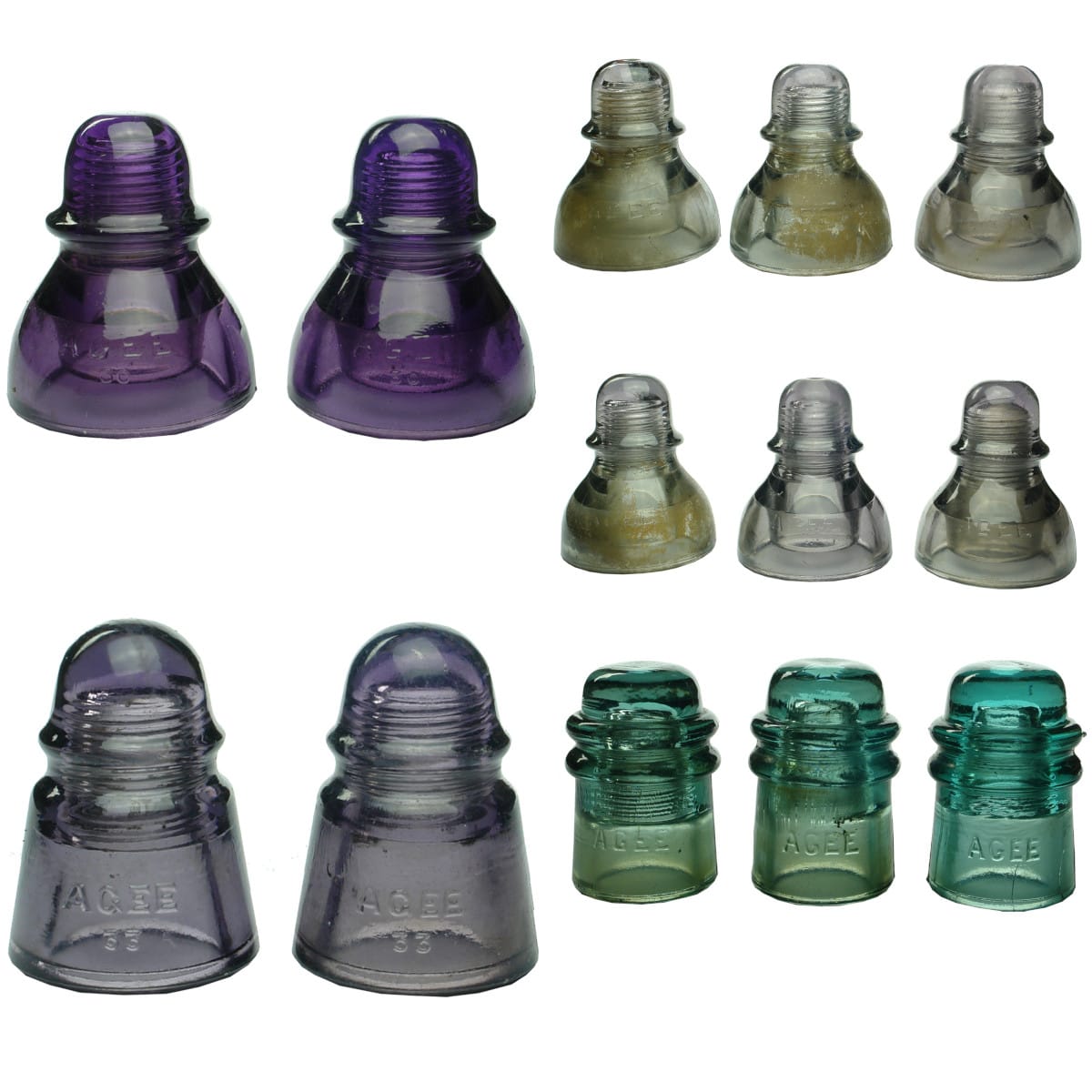 13 various sun coloured purple glass AGEE insulators