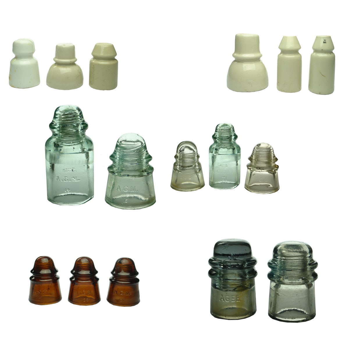 16 Insulators. 6 x ceramic. 10 x various coloured glass AGM, CCG & AGEE.