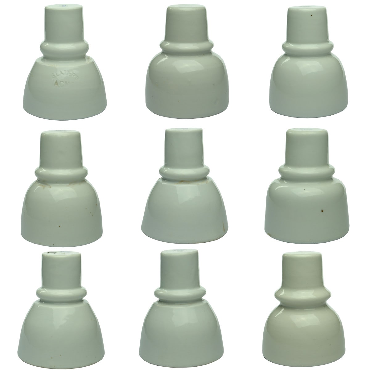 9 Porcelain Insulators. U1502 & U1503. 1 Slaters Acme. Others with letters/numbers. Australia.