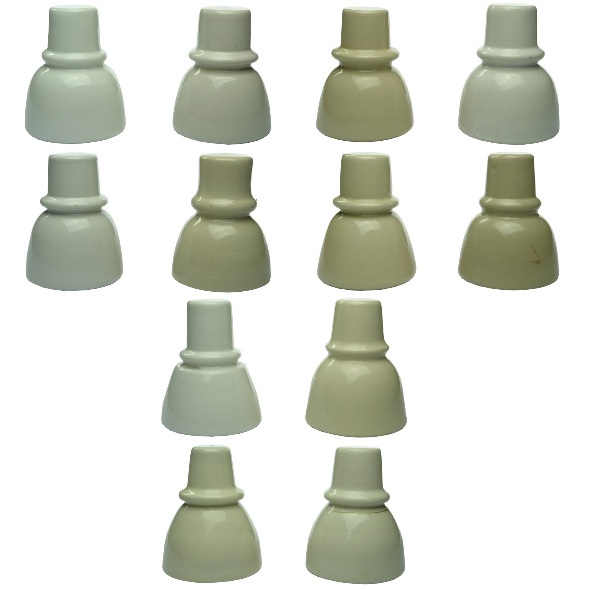 12 Porcelain Insulators. U1502. 3 unmarked. 9 with FB; RF & other markings. (Australia)