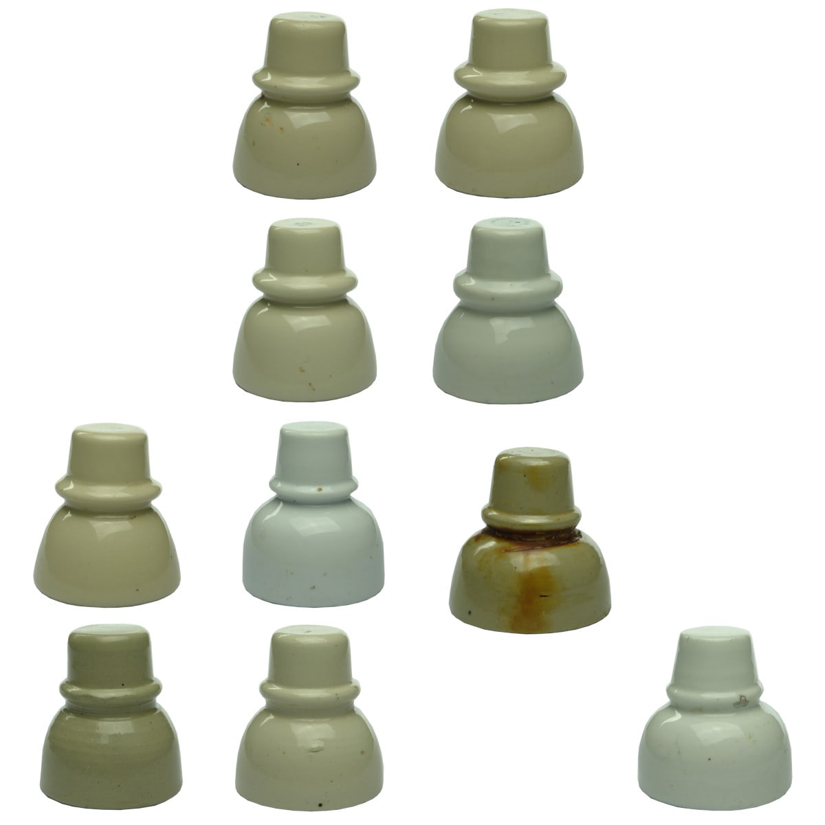 10 Porcelain Insulators. U1493. FB numbers. Made in Occupied Japan and unmarked. (Australia)