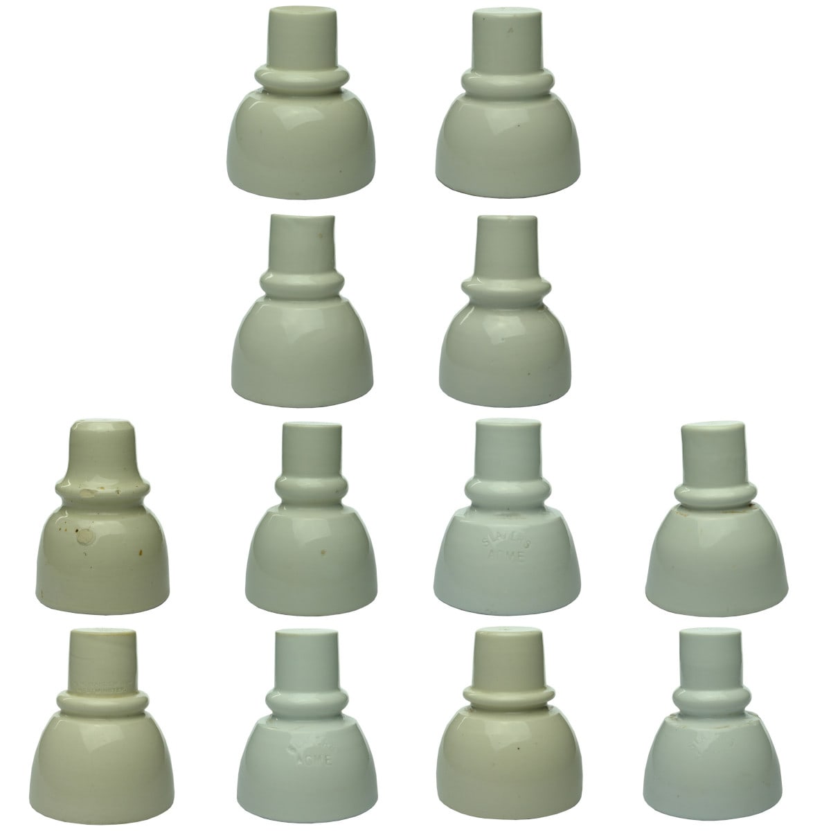 12 Porcelain Insulators. U1502 & U1503. Wardens Westminster; Slaters Acme; Letters & Numbers. (Australia)