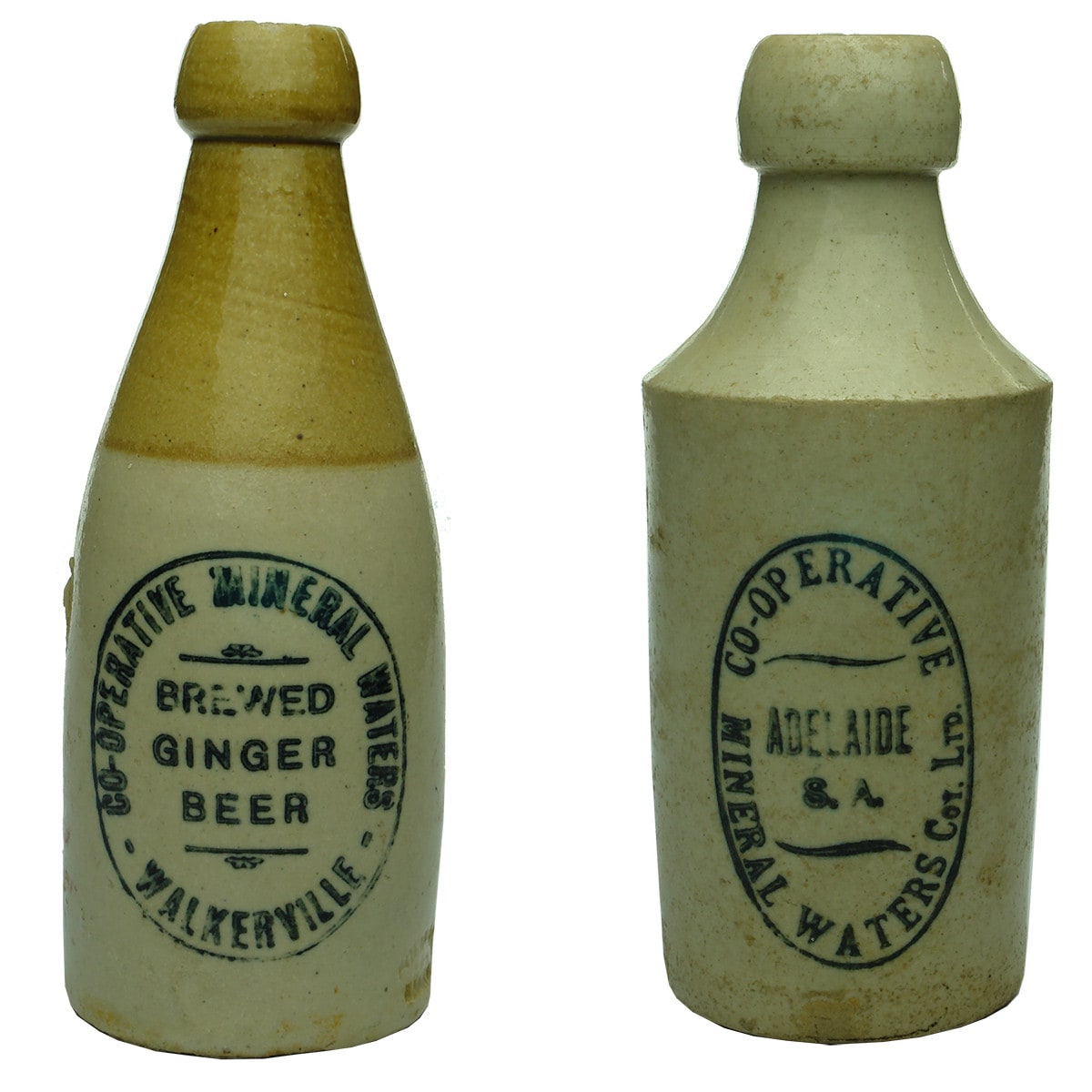 Pair of Ginger Beers. Co-operative Mineral Waters. Walkerville. Adelaide. Tan Top and All White. (South Australia)