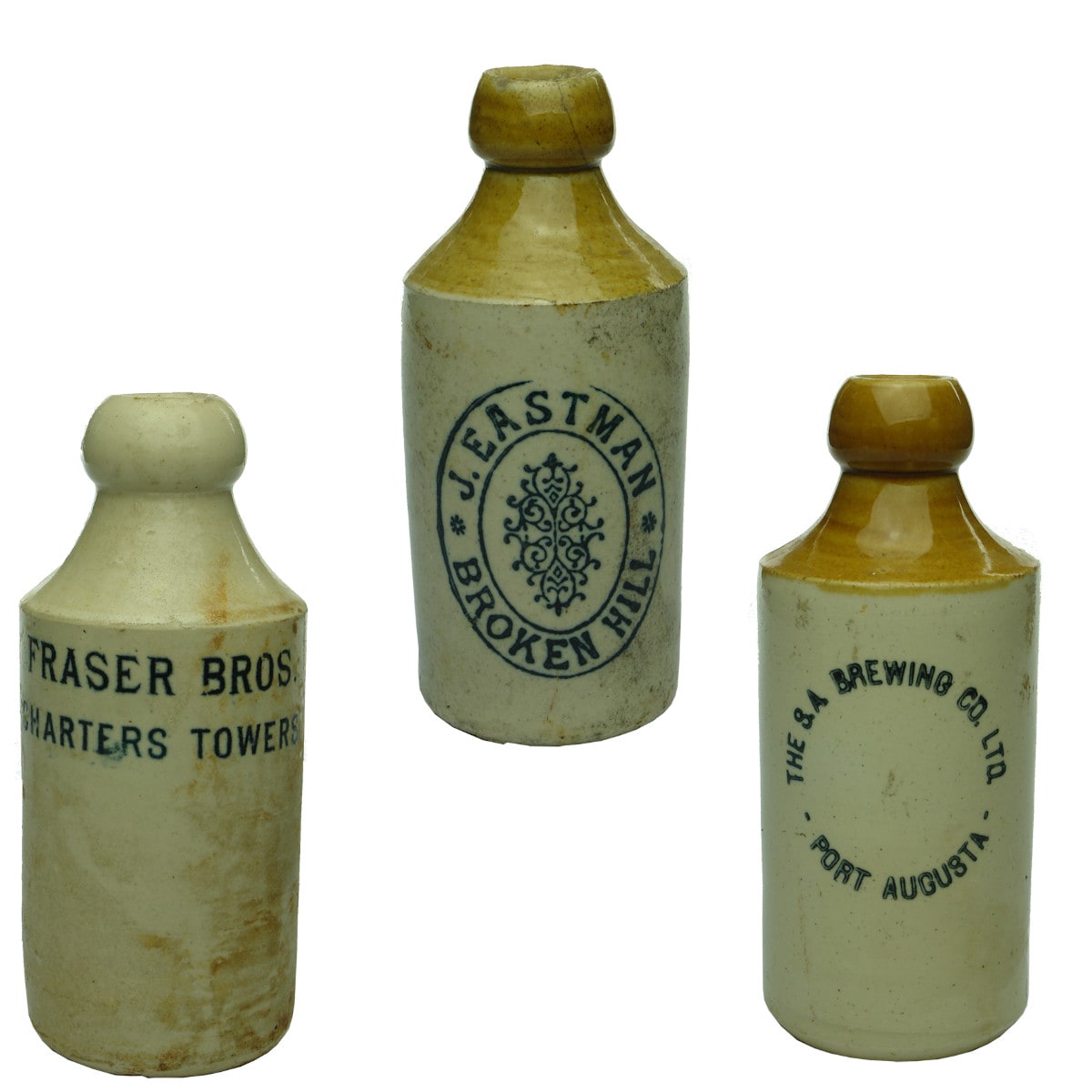 Three Ginger Beers: Fraser Bros. Charters Towers; J. Eastman, Broken Hill; S. A. Brewing, Port Augusta.