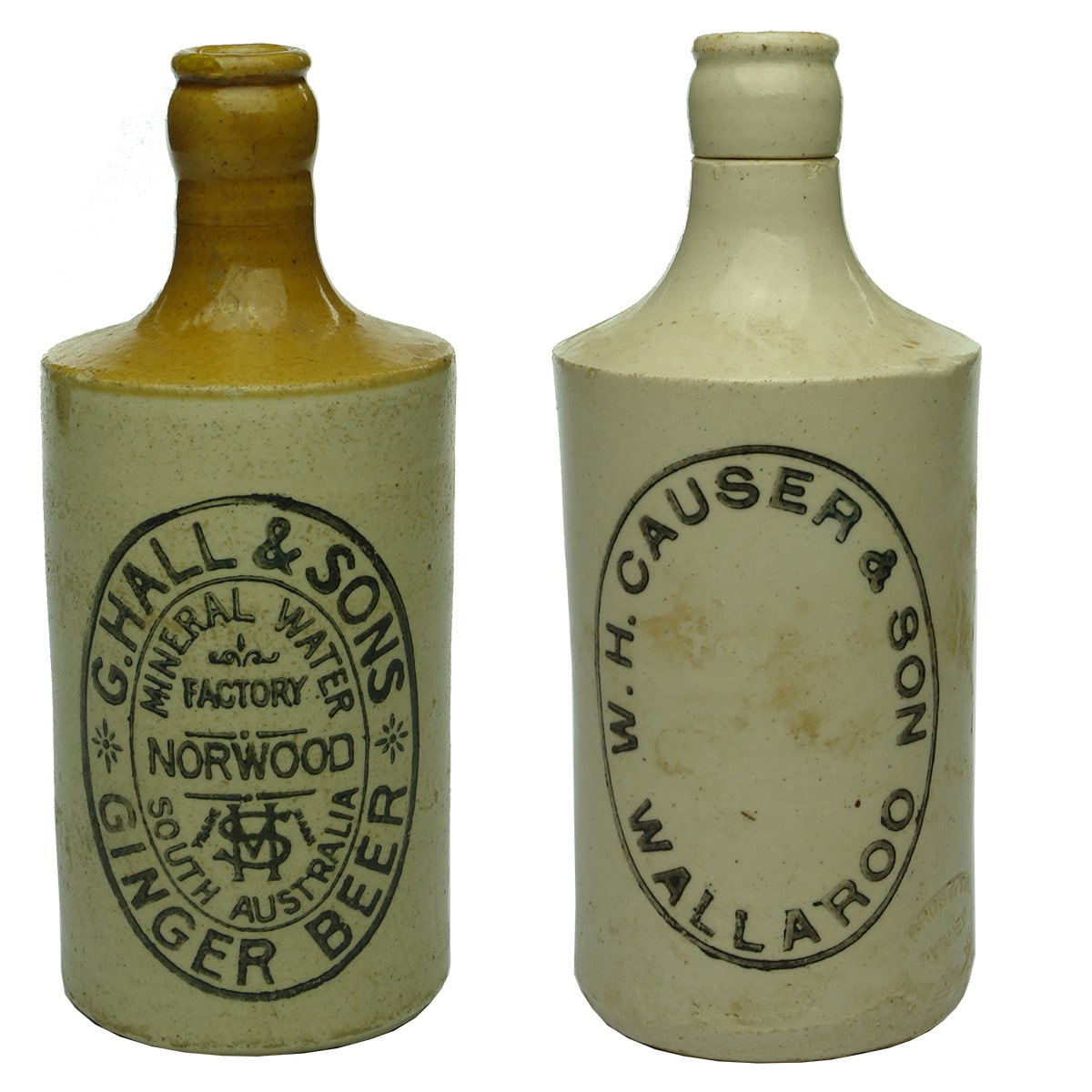 Pair of Crown Seal Ginger Beers. G. Hall & Sons, Norwood. Say Stonie. and W. H. Causer & Son, Wallaroo. (South Australia)