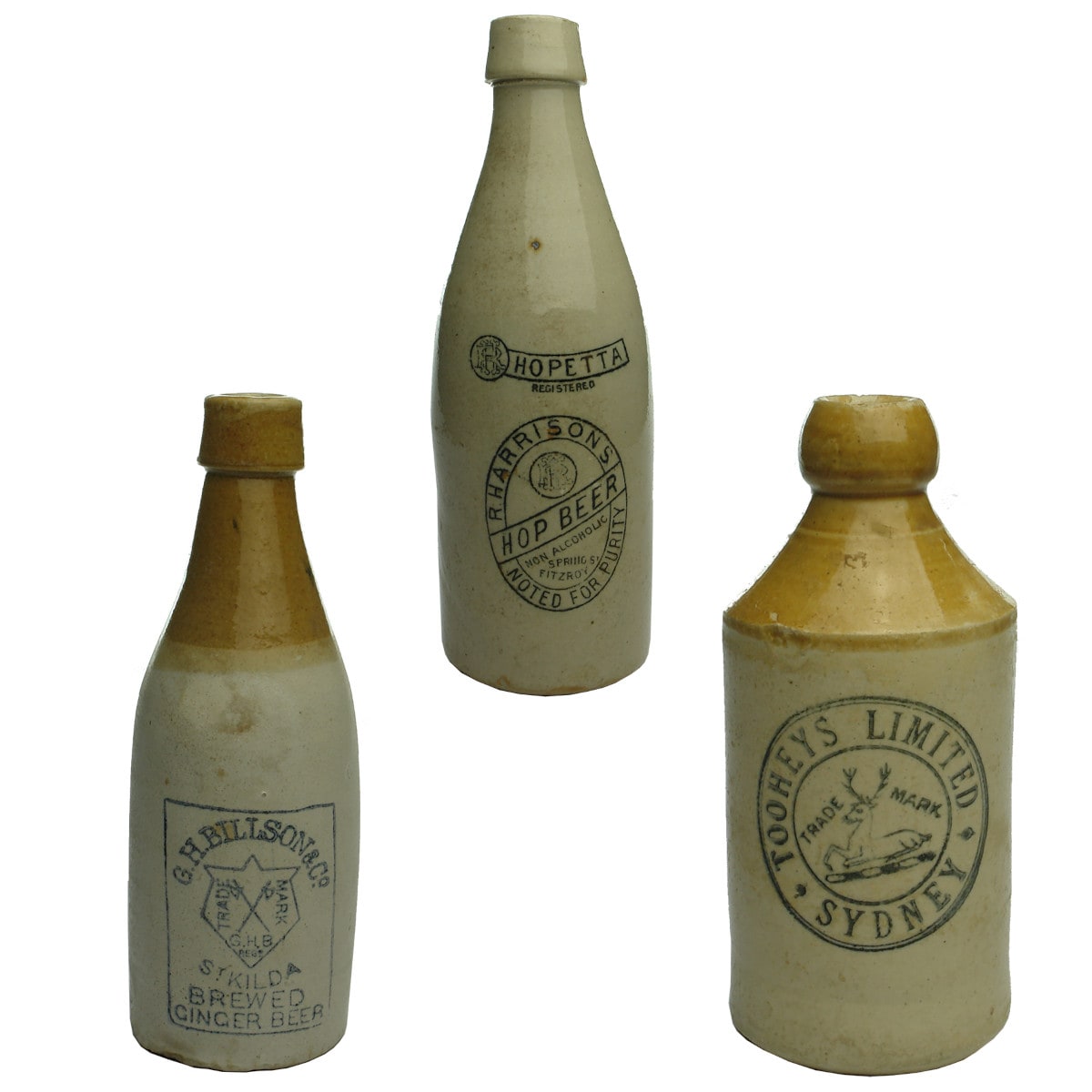 Three Ginger Beers: 26 oz Harrisons Hopetta Fitzroy; G. H. Billson & Co., St Kilda; Tooheys Limited, Sydney. (Victoria & New South Wales)