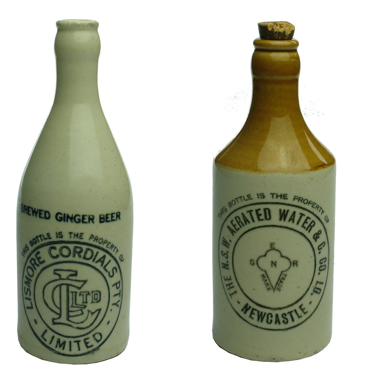 Pair of Ginger Beers. Lismore Cordials & NSW Aerated Water Co., Newcastle. (New South Wales)