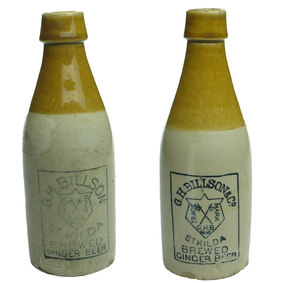 Pair of Billson, St Kilda ginger beers. One just G. H. Billson and one with & Co. (Victoria)