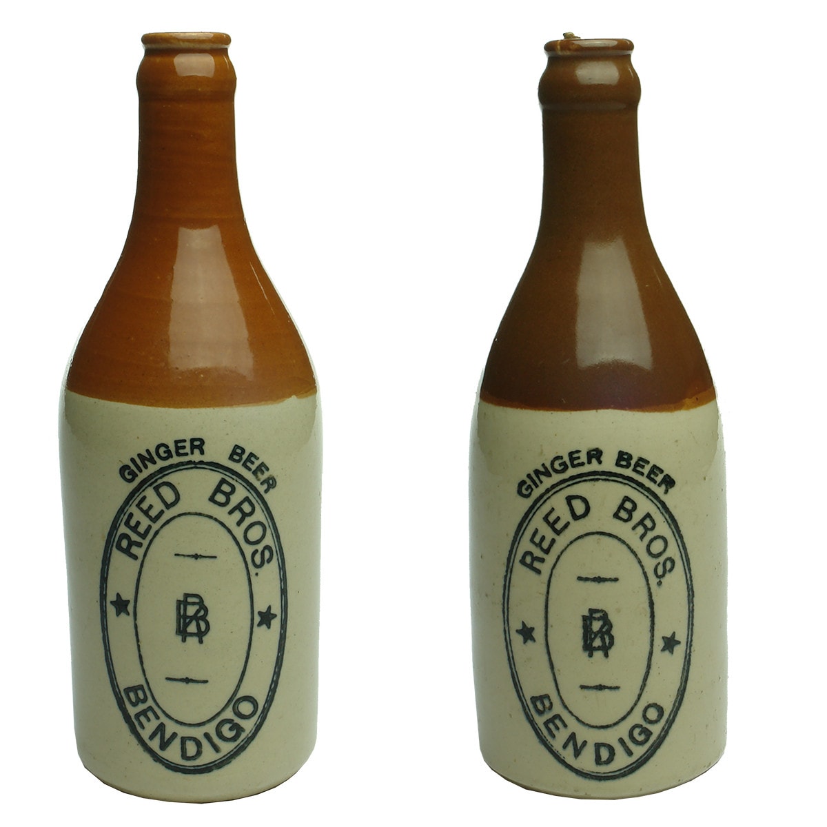 Pair of Reed Bros., Bendigo crown seal ginger beers. Red & Chocolate tops. (Victoria)