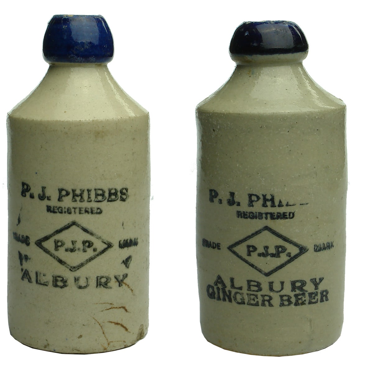 Pair of Ginger Beers. Different variations of P. J. Phibbs, Albury. Blue Lip. 10 oz. (New South Wales)