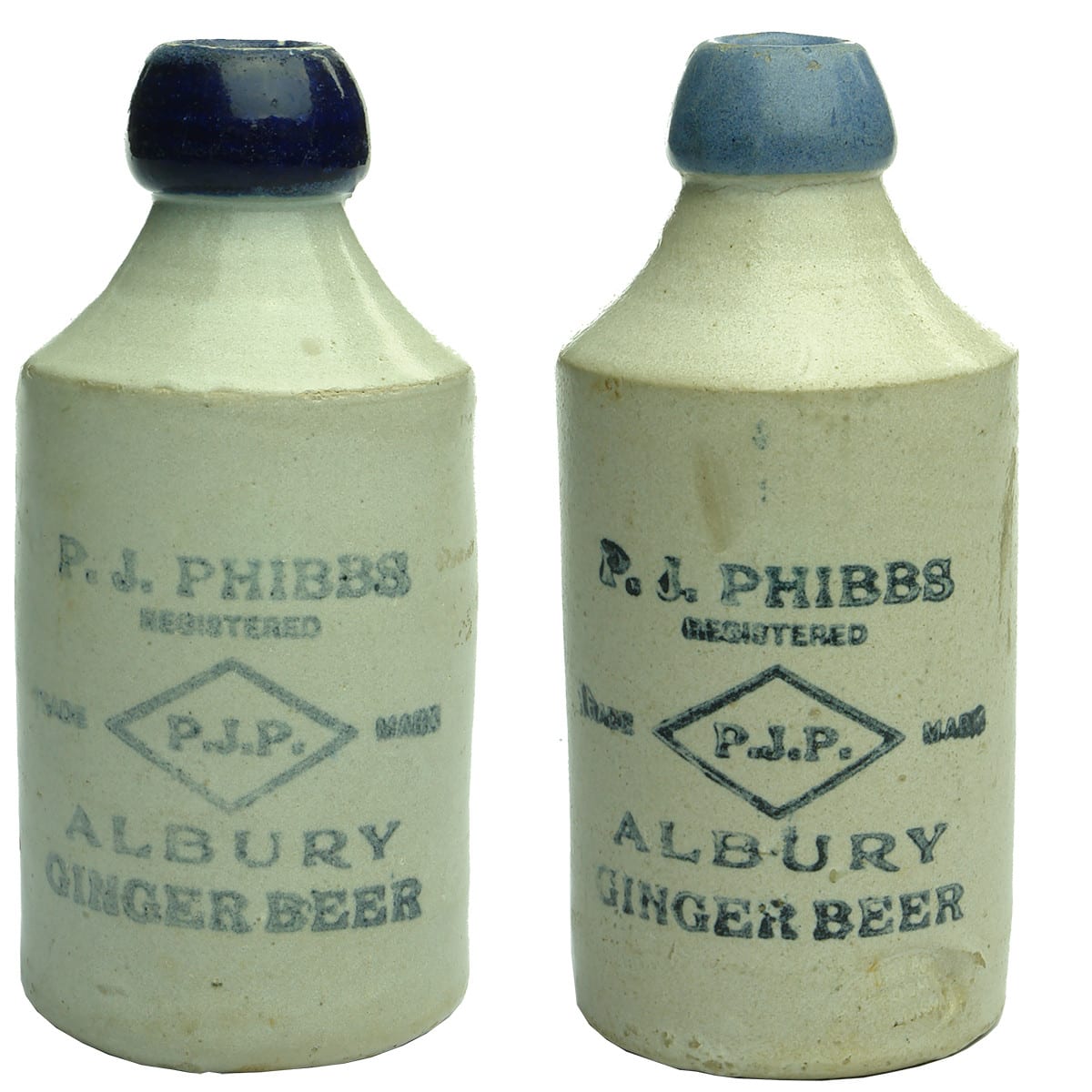 Pair of P. J. Phibbs, Albury Ginger Beers. Blue Lips. (New South Wales)