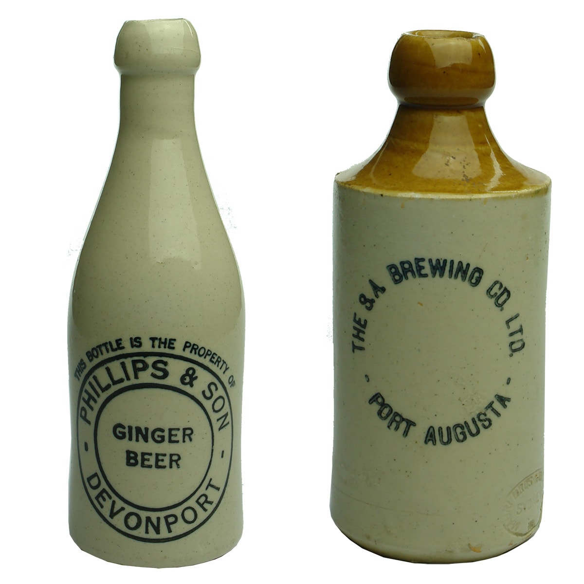 Two Ginger Beers: Phillips & Son, Devonport and SA Brewing Co Ltd, Port Augusta.
